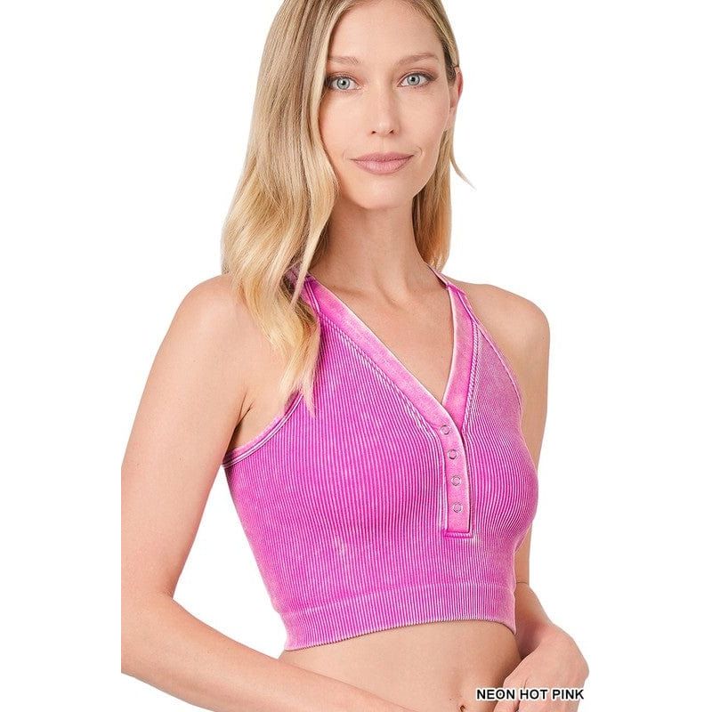 Washed Ribbed Cropped Button V-neck Tank Top