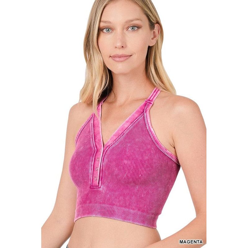 Washed Ribbed Cropped Button V-neck Tank Top