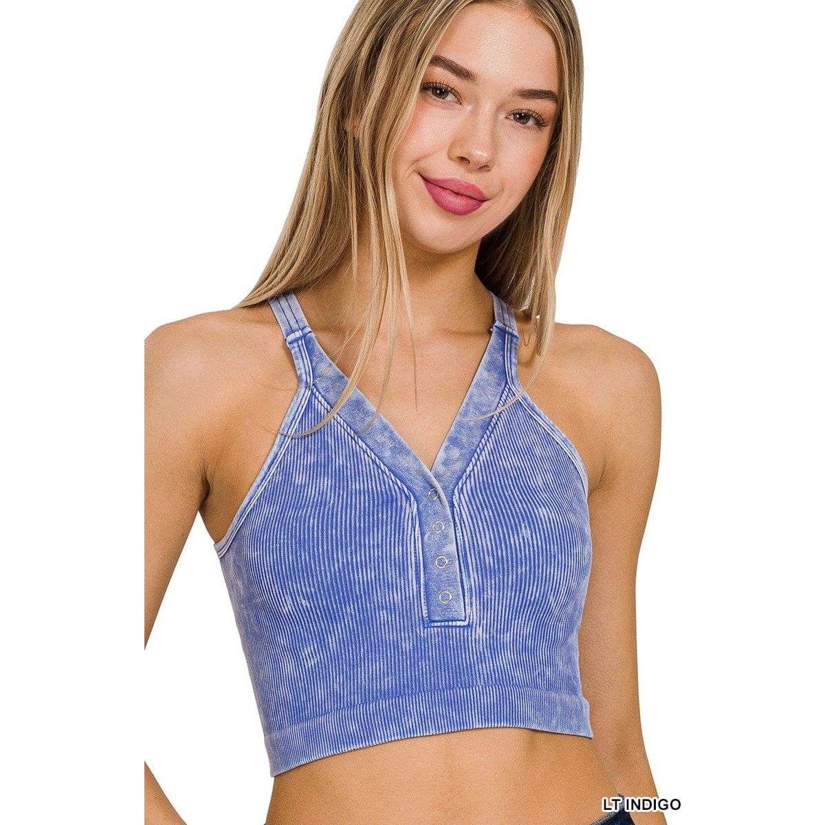 Washed Ribbed Cropped Button V-neck Tank Top