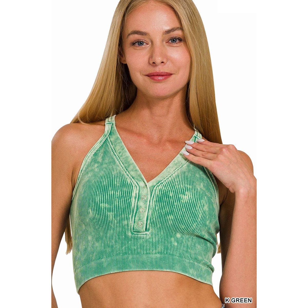 Washed Ribbed Cropped Button V-neck Tank Top