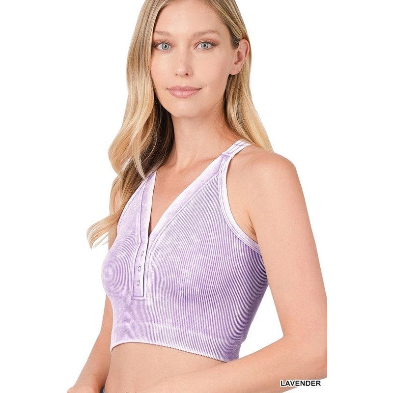 Washed Ribbed Cropped Button V-neck Tank Top