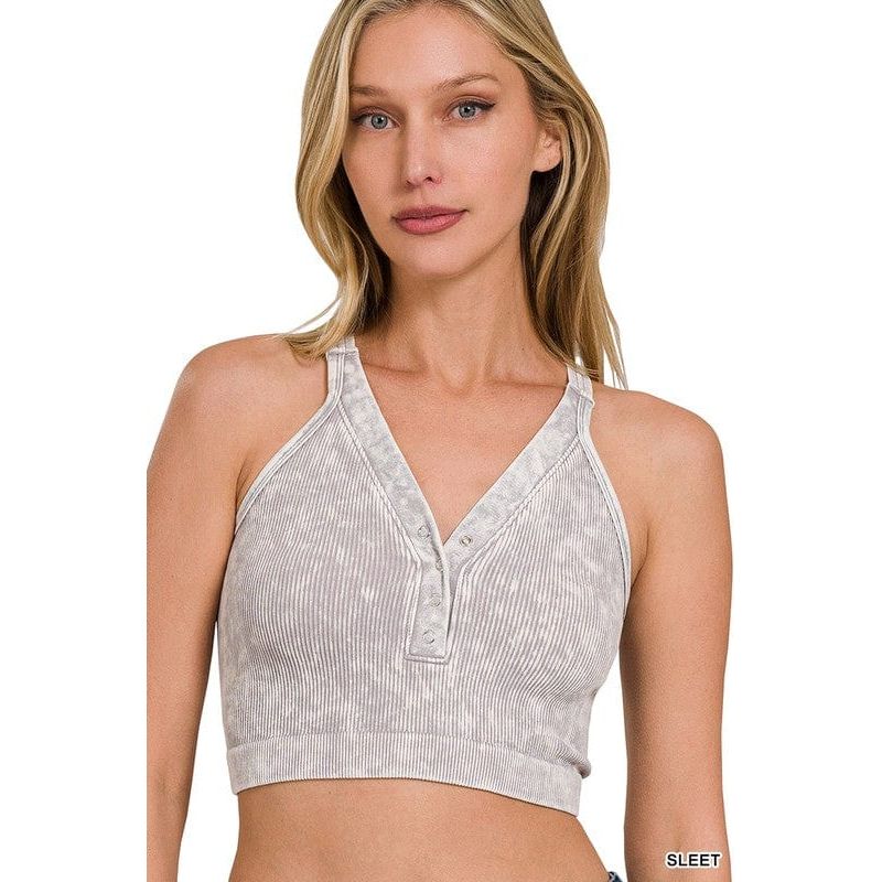 Washed Ribbed Cropped Button V-neck Tank Top