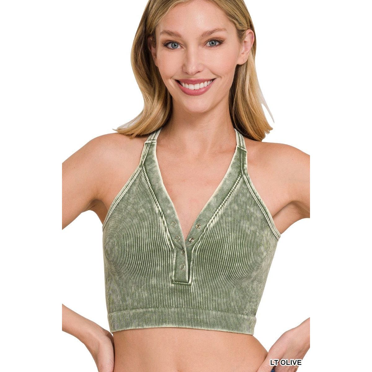 Washed Ribbed Cropped Button V-neck Tank Top