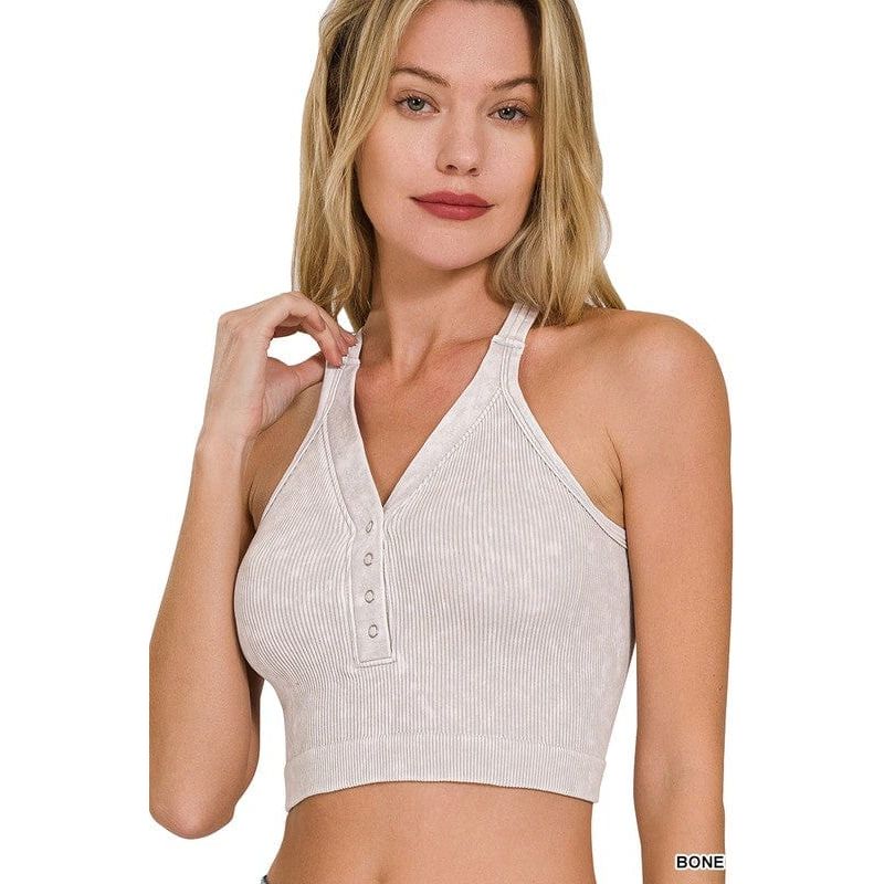 Washed Ribbed Cropped Button V-neck Tank Top