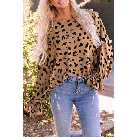 Leopard V Neck Ruffled Cuffs Loose Blouse