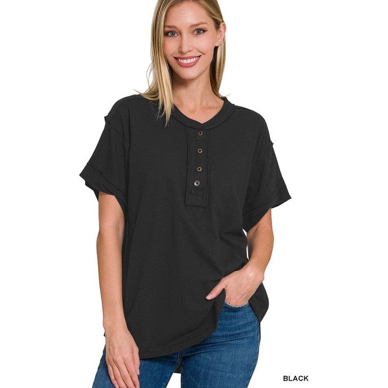 Raw Edge Detailed Button Closure Short Sleeve Top