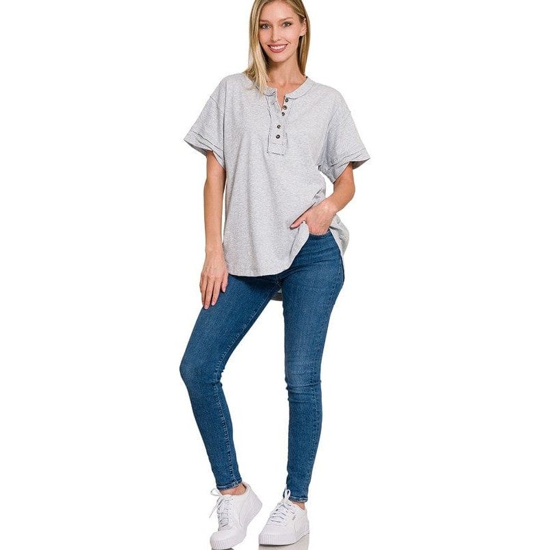 Raw Edge Detailed Button Closure Short Sleeve Top