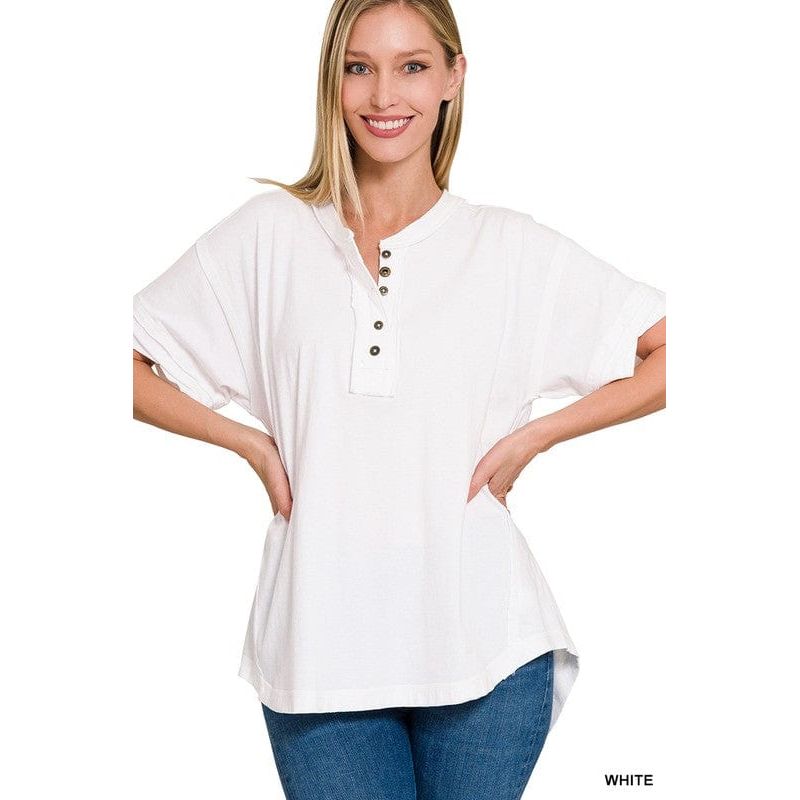 Raw Edge Detailed Button Closure Short Sleeve Top