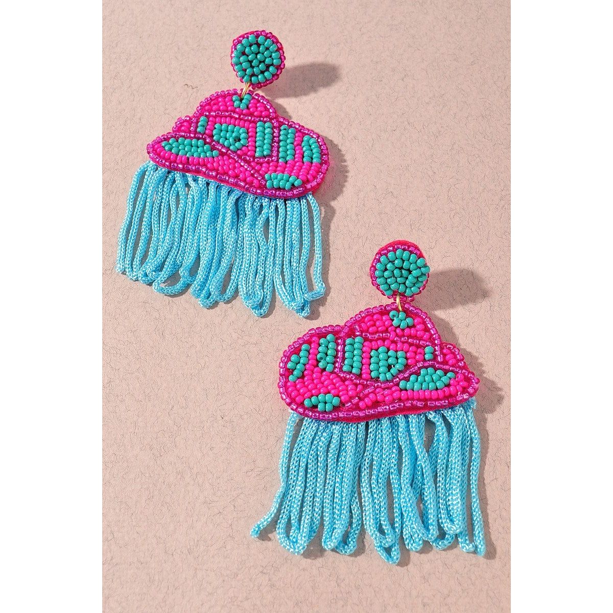 Seed Bead Rodeo Western Hat Tassel Dangle Earrings