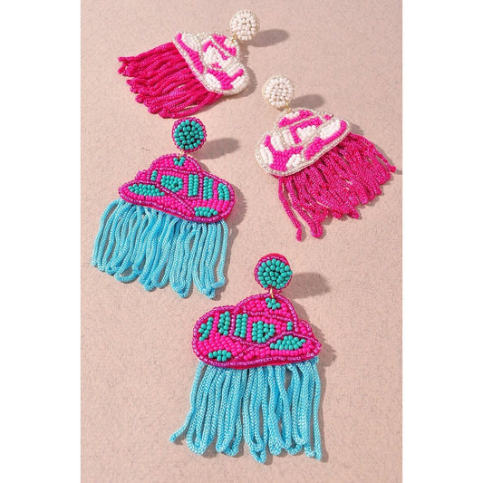 Seed Bead Rodeo Western Hat Tassel Dangle Earrings
