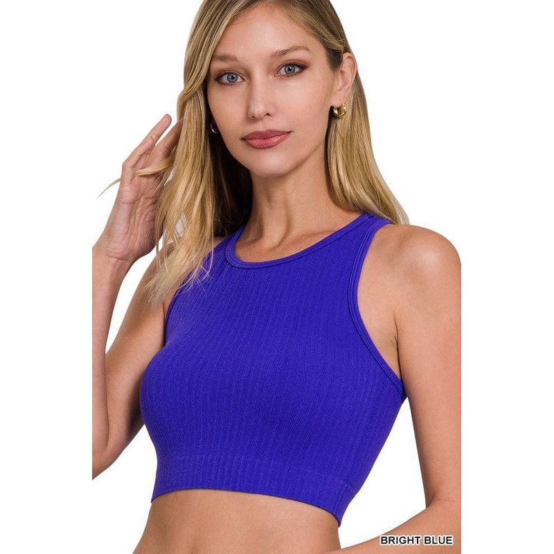 Ribbed seamless racerback crew neck crop tank top