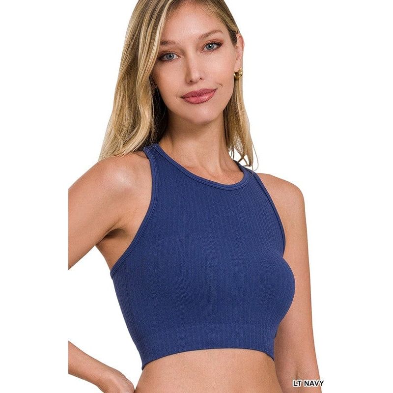 Ribbed seamless racerback crew neck crop tank top