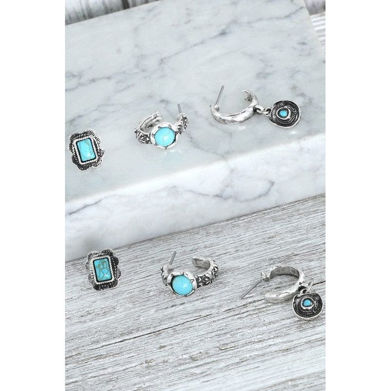 Western 3-piece Turquoise Open Hoop Earring Set