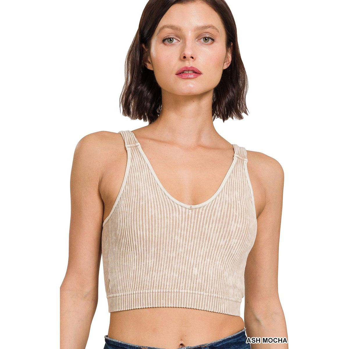Washed Ribbed Cropped Bra Padded Tank Top