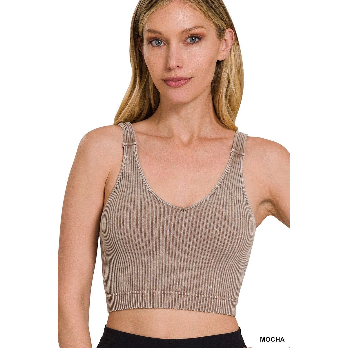 Washed Ribbed Cropped Seamless Bra Padded Tank Top