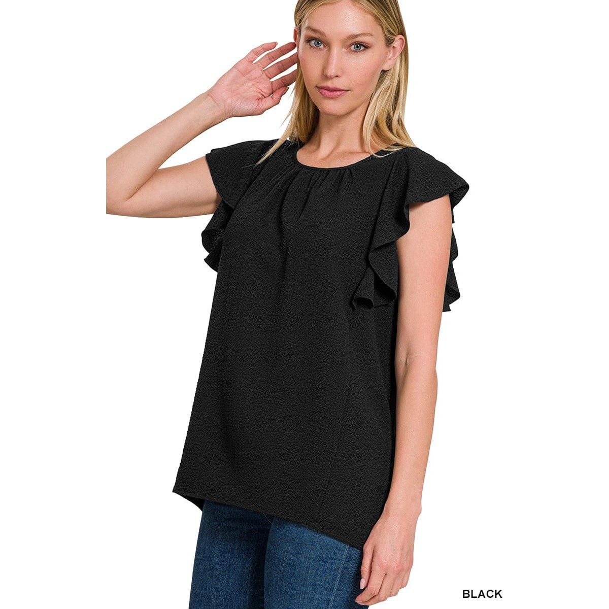 Woven Bubble Airflow Flutter Sleeve Top