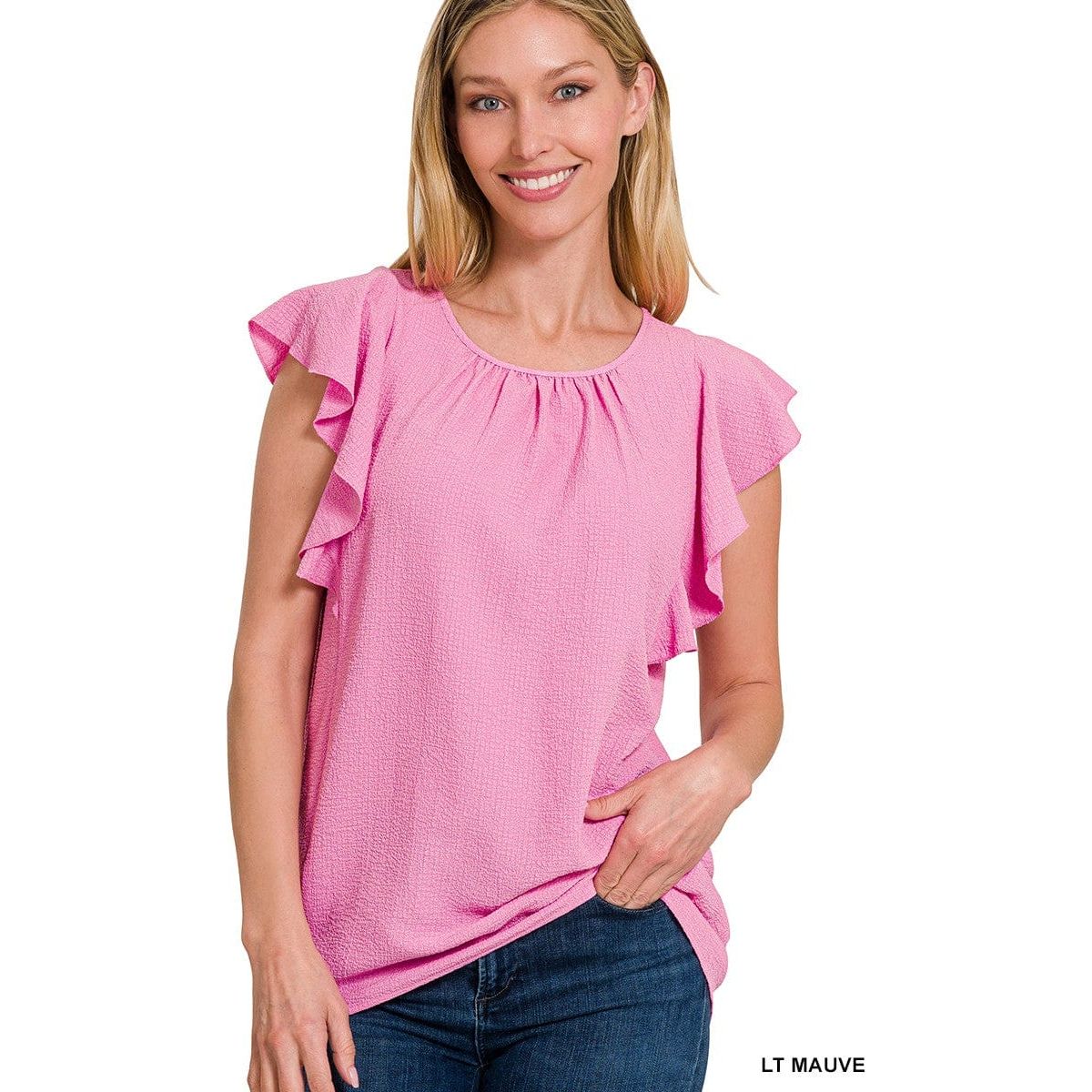 Woven Bubble Airflow Flutter Sleeve Top