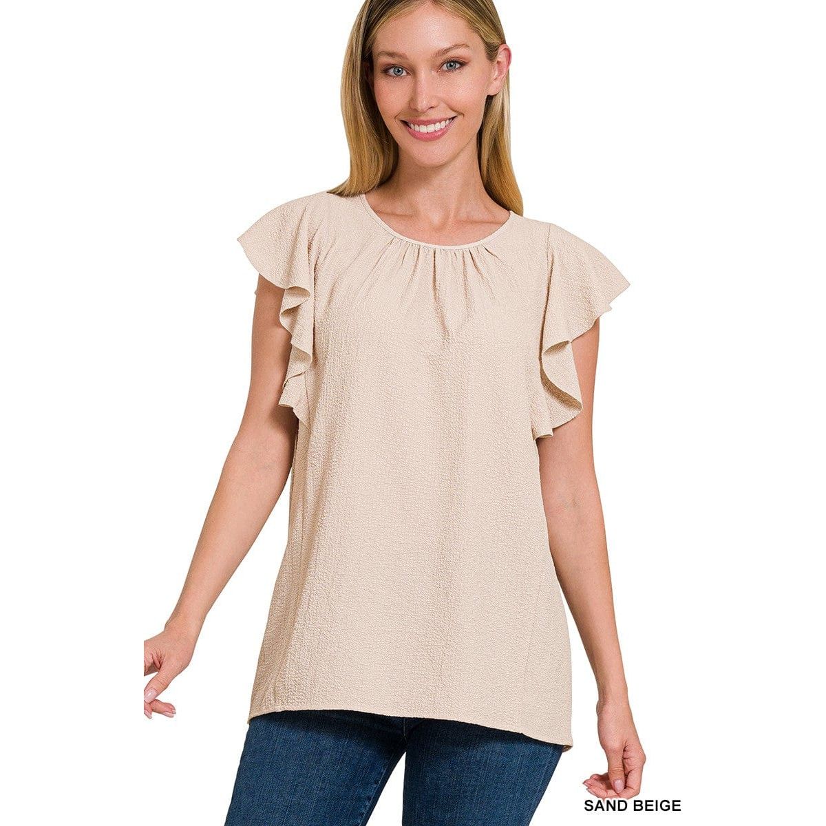 Woven Bubble Airflow Flutter Sleeve Top