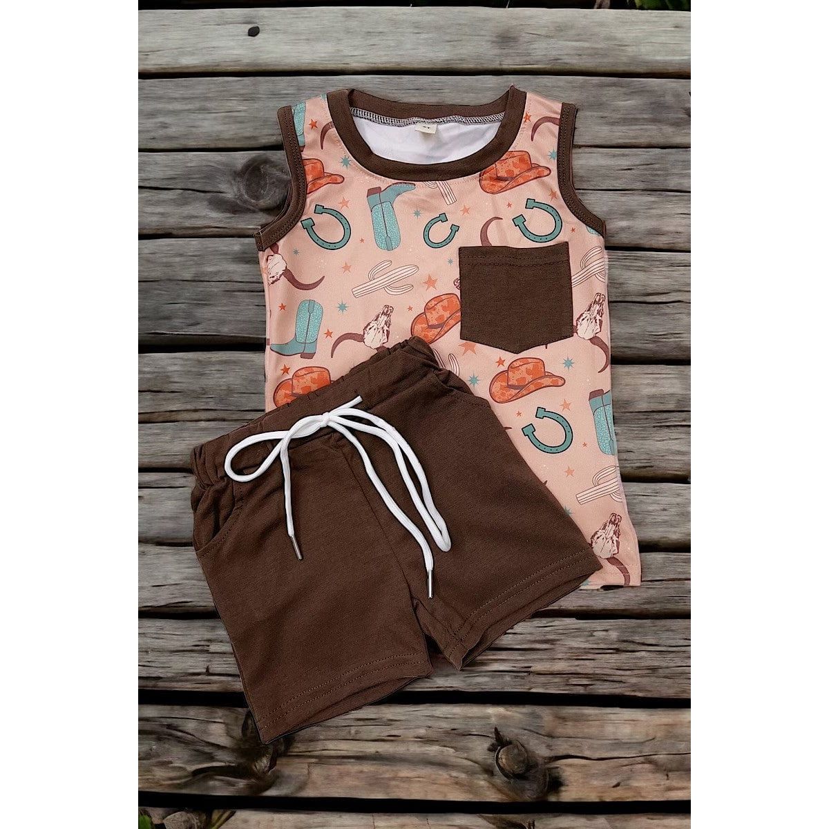 COUNTRY BOY" MULTI PRINTED BROWN 2 PIECE SET.