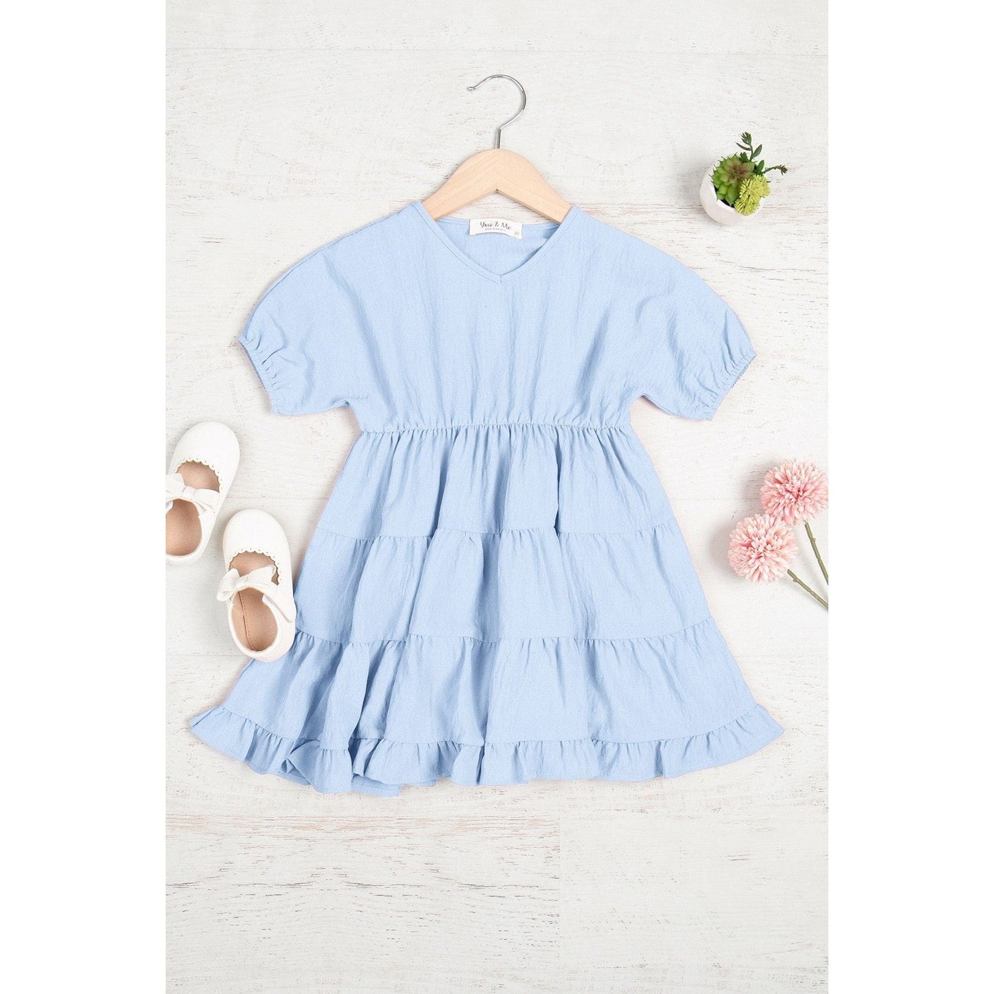 Kids Solid V-neck Short Sleeve Tiered Dress