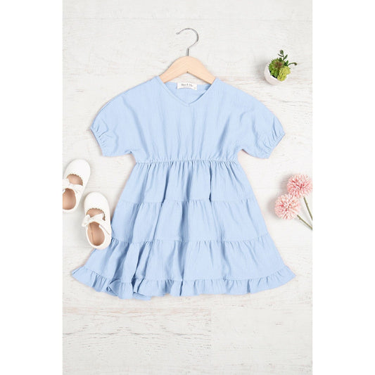 Kids Solid V-neck Short Sleeve Tiered Dress