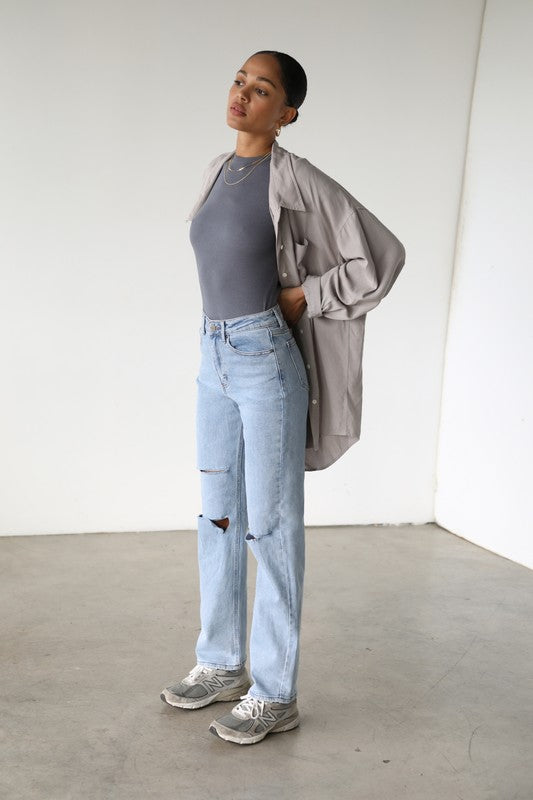 Distressed Straight Leg Denim Jeans