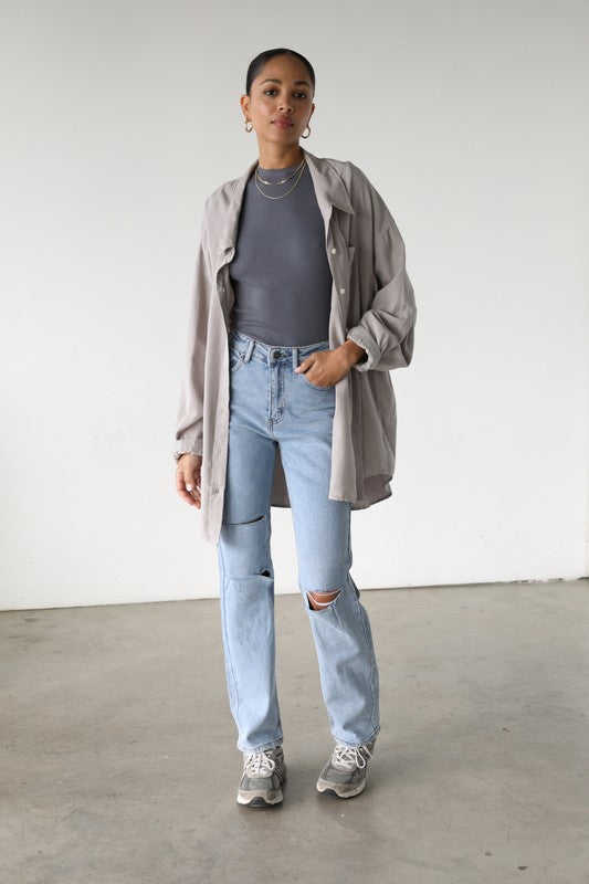 Distressed Straight Leg Denim Jeans