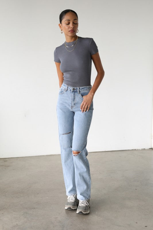 Distressed Straight Leg Denim Jeans