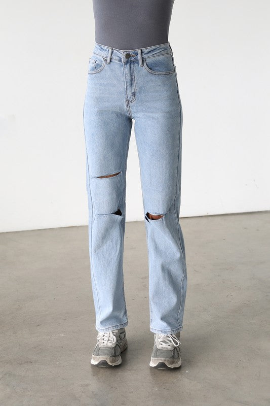 Distressed Straight Leg Denim Jeans