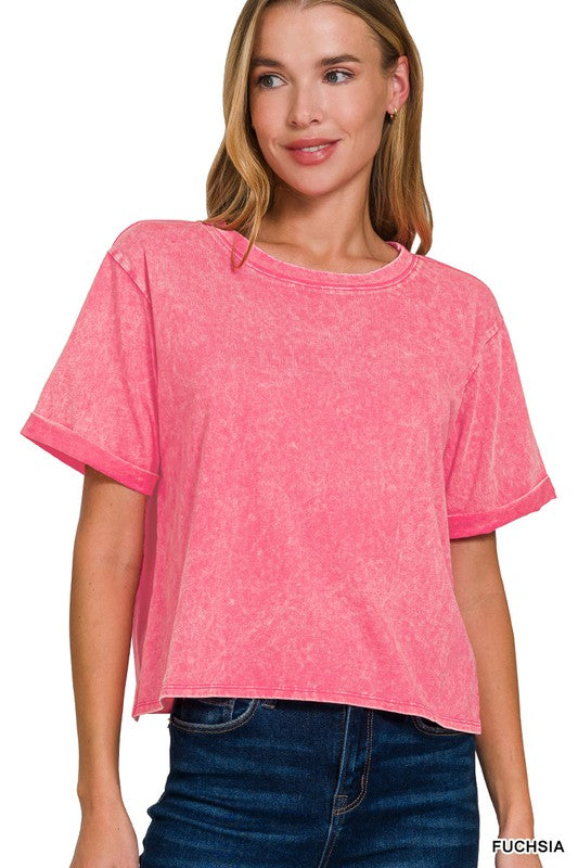 Acid Wash Roll- Short Sleeve Crop Top