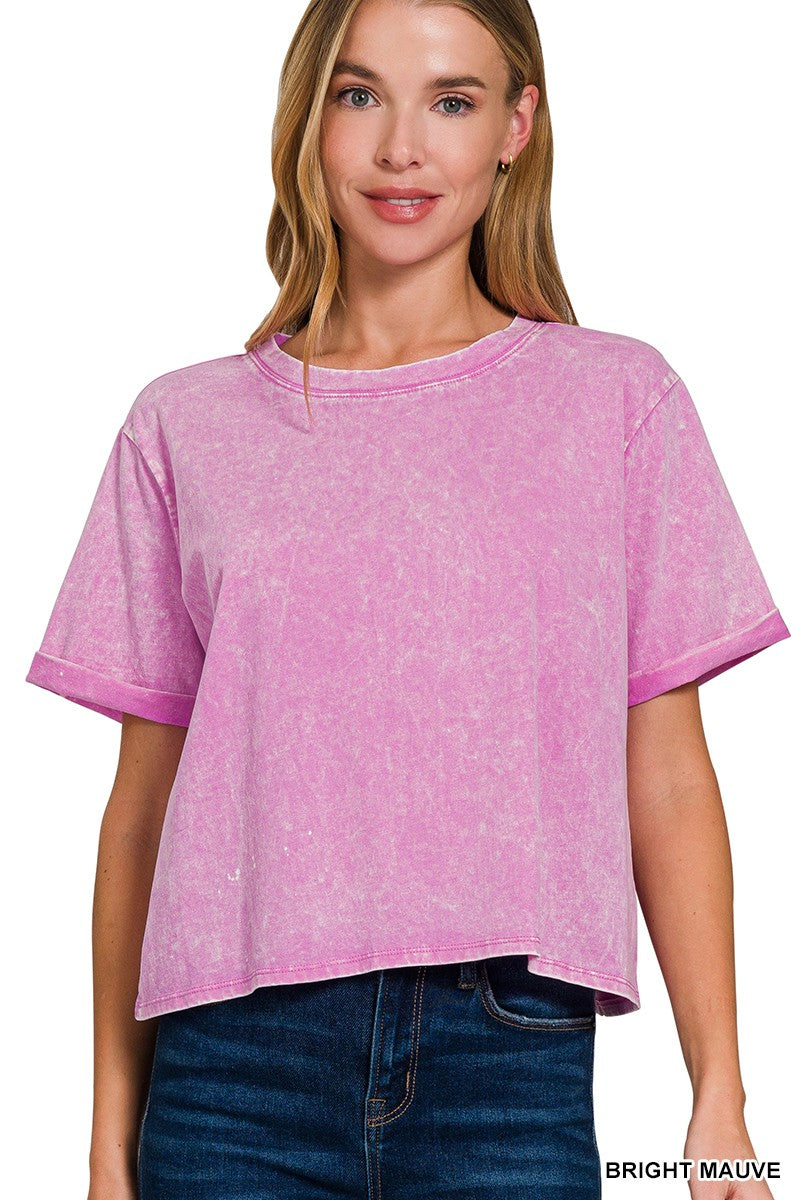 Acid Wash Roll- Short Sleeve Crop Top
