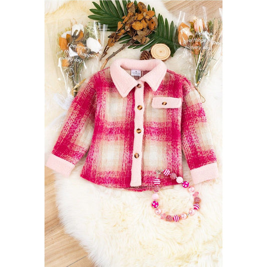 Girl's Hot Pink Plaid Shacket With Pink Trim.