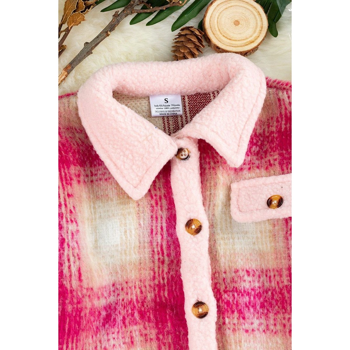 Girl's Hot Pink Plaid Shacket With Pink Trim.