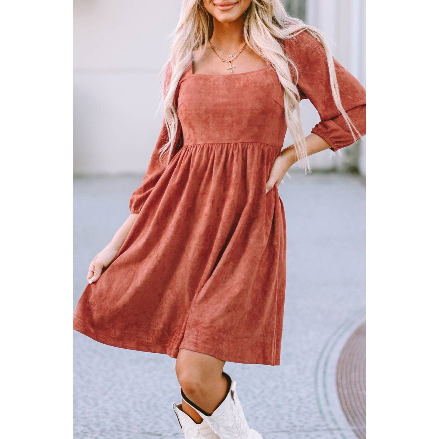 Suede Square Neck Puff Sleeve Dress