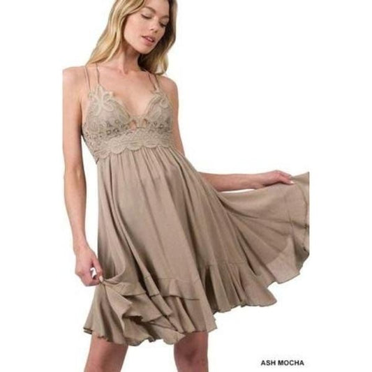 Crochet lace asymmetric ruffle trim cami dress