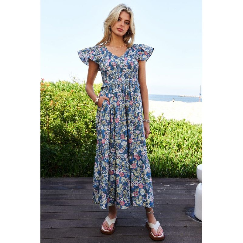 Vintage Garden Floral Flutter Smocking Midi Dress