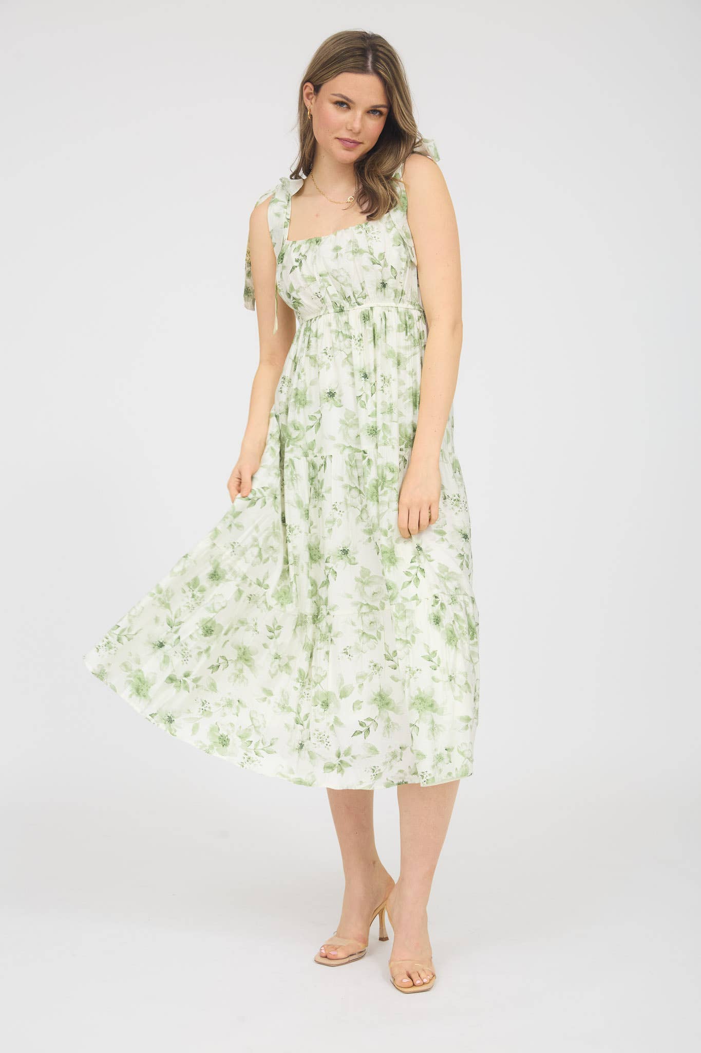 Floral Tie Strap Tiered Midi DRESS
