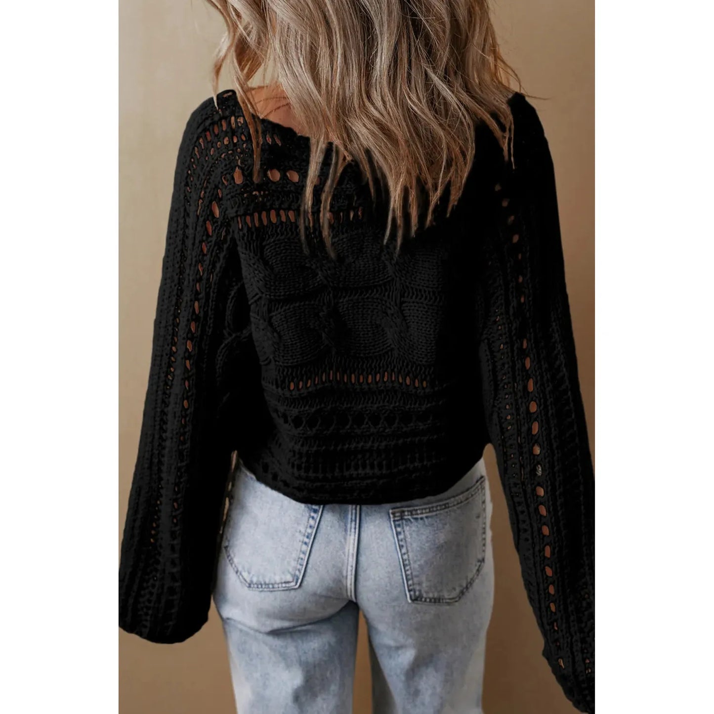 Black Hollow-out Cable Knit Cropped Sweater