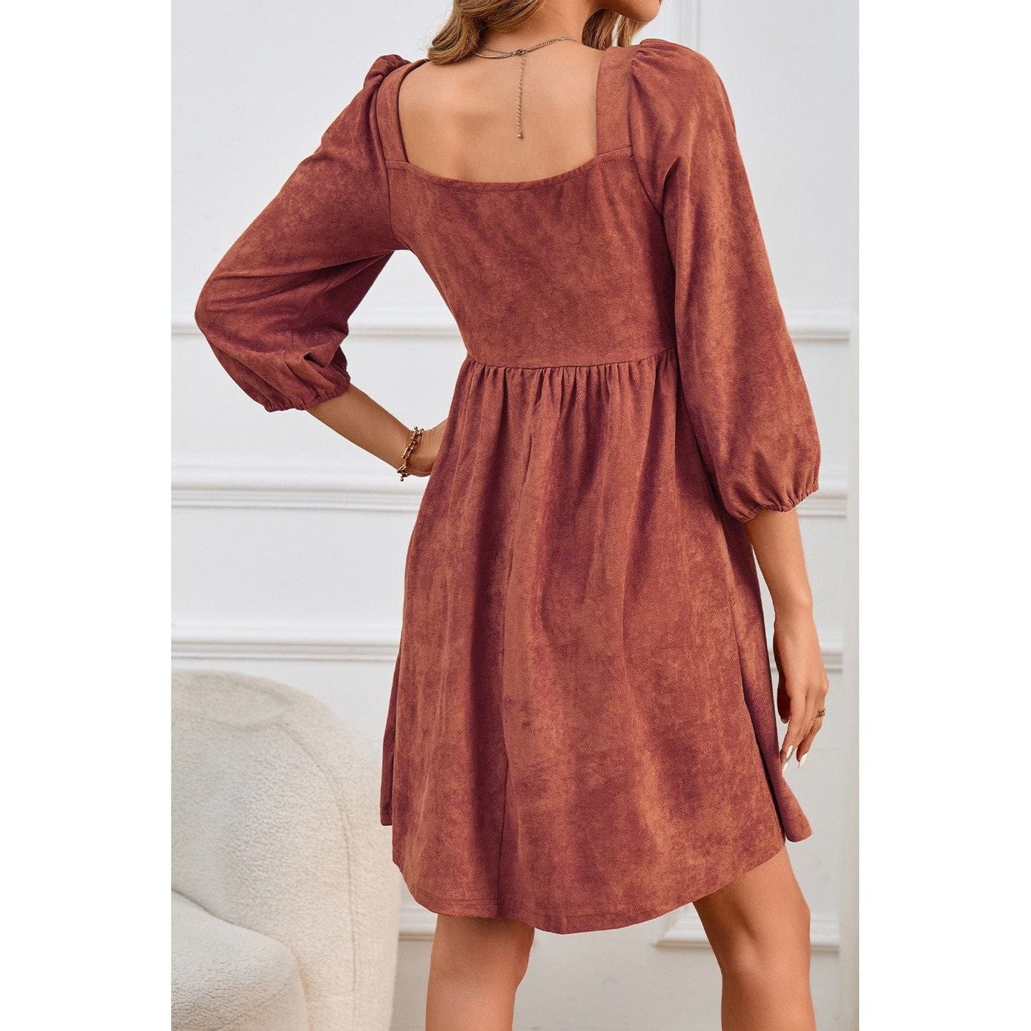 Suede Square Neck Puff Sleeve Dress