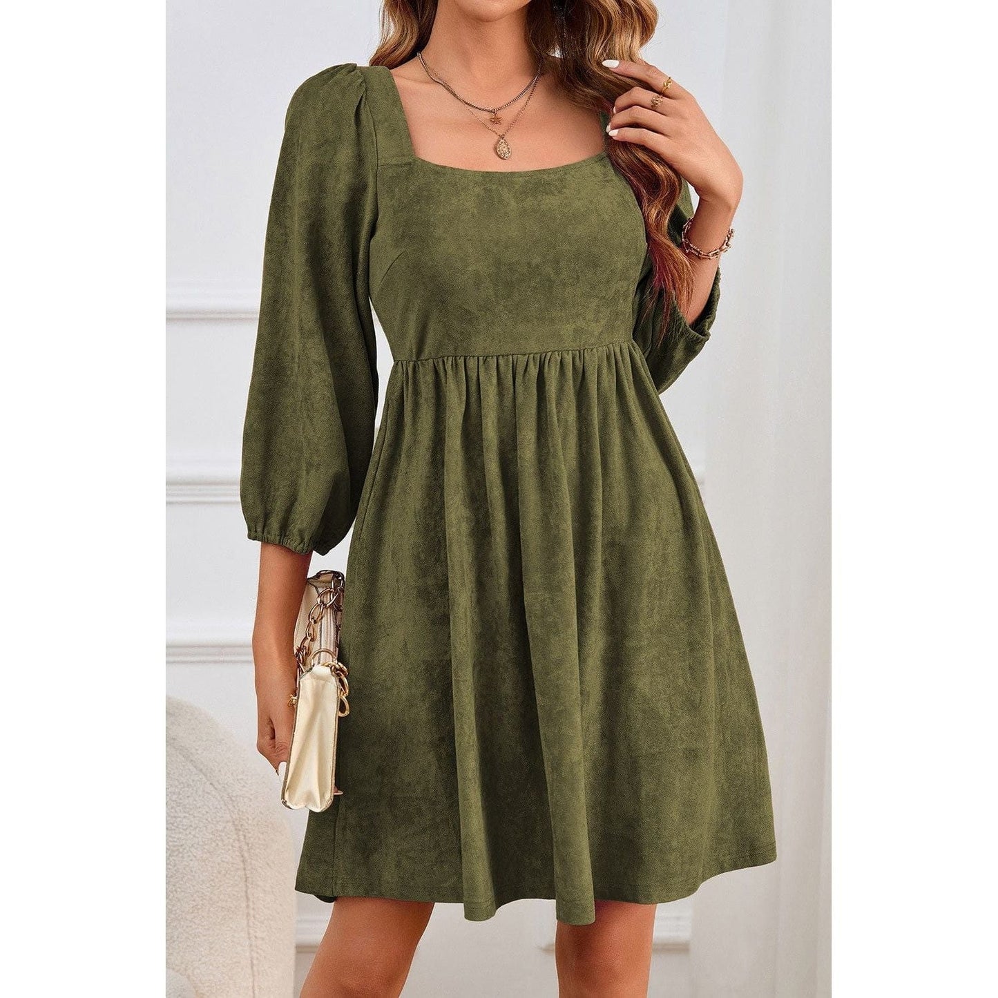 Suede Square Neck Puff Sleeve Dress