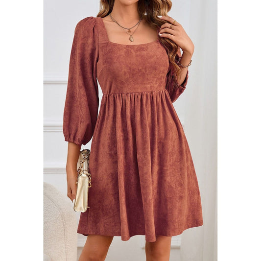 Suede Square Neck Puff Sleeve Dress