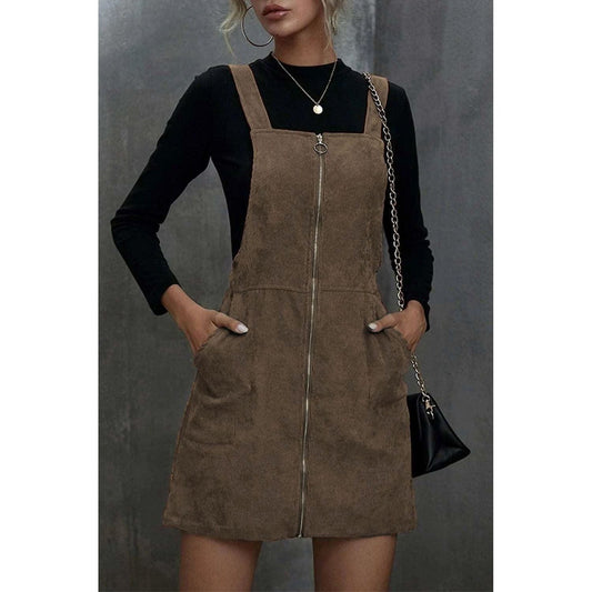 O-ring Zip Up Pocketed Corduroy Dress