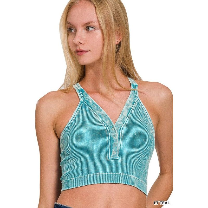 Washed Ribbed Cropped Button V-neck Tank Top