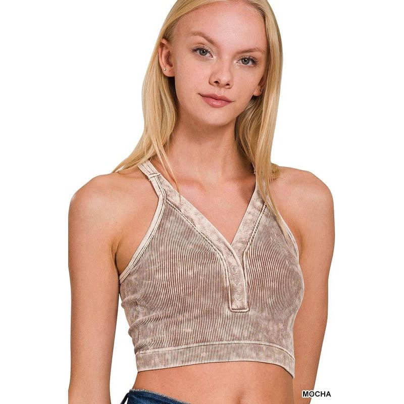 Washed Ribbed Cropped Button V-neck Tank Top