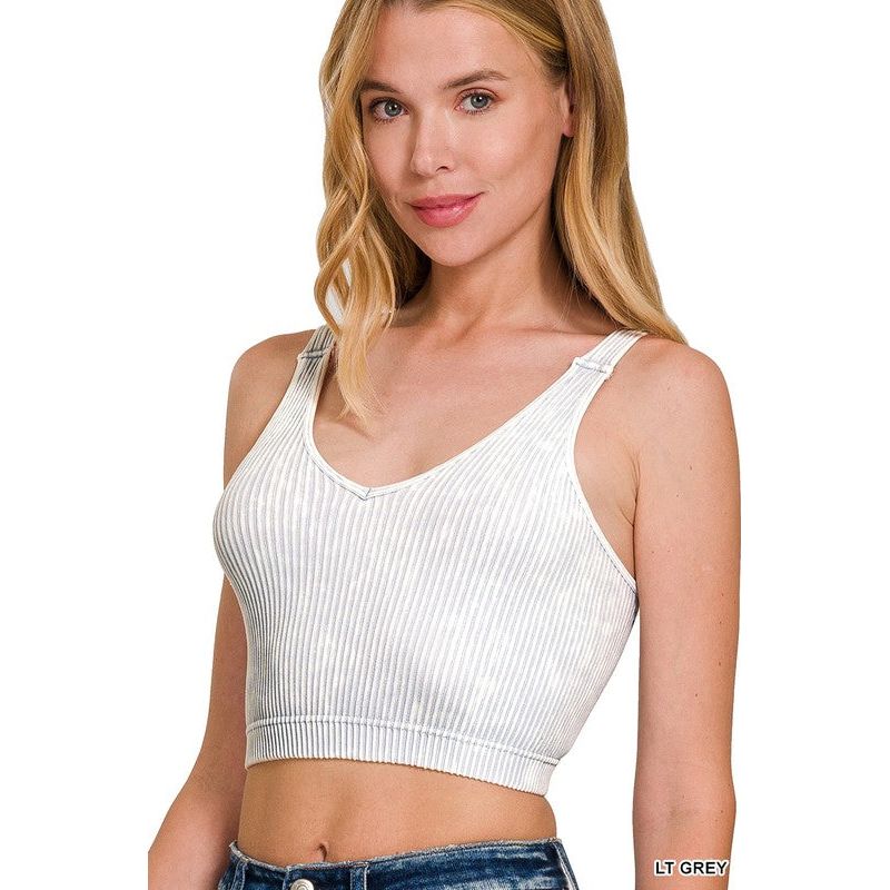 Washed Ribbed Cropped Seamless V-Neck Tank TOP