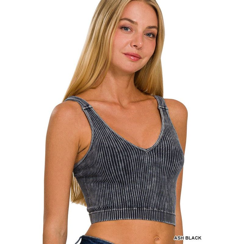 Washed Ribbed Cropped Seamless V-Neck Tank TOP