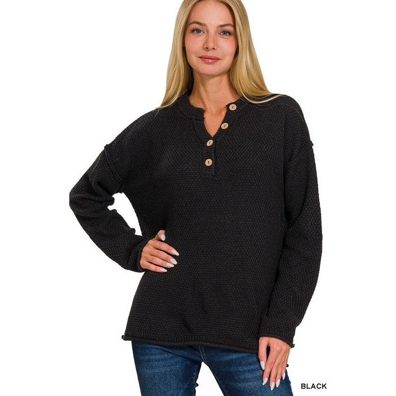 4 Buttons Henley Neckline Basic Sweater