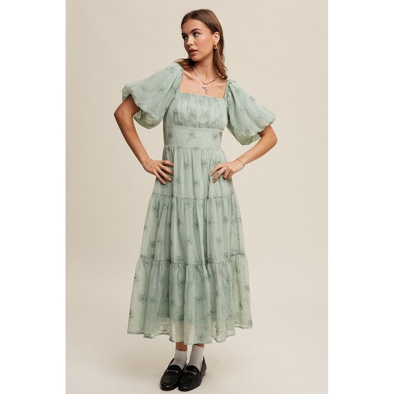 Flower Embroidered Puff Sleeve Tiered Maxi Dress
