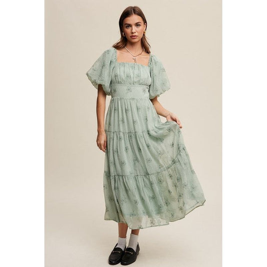 Flower Embroidered Puff Sleeve Tiered Maxi Dress
