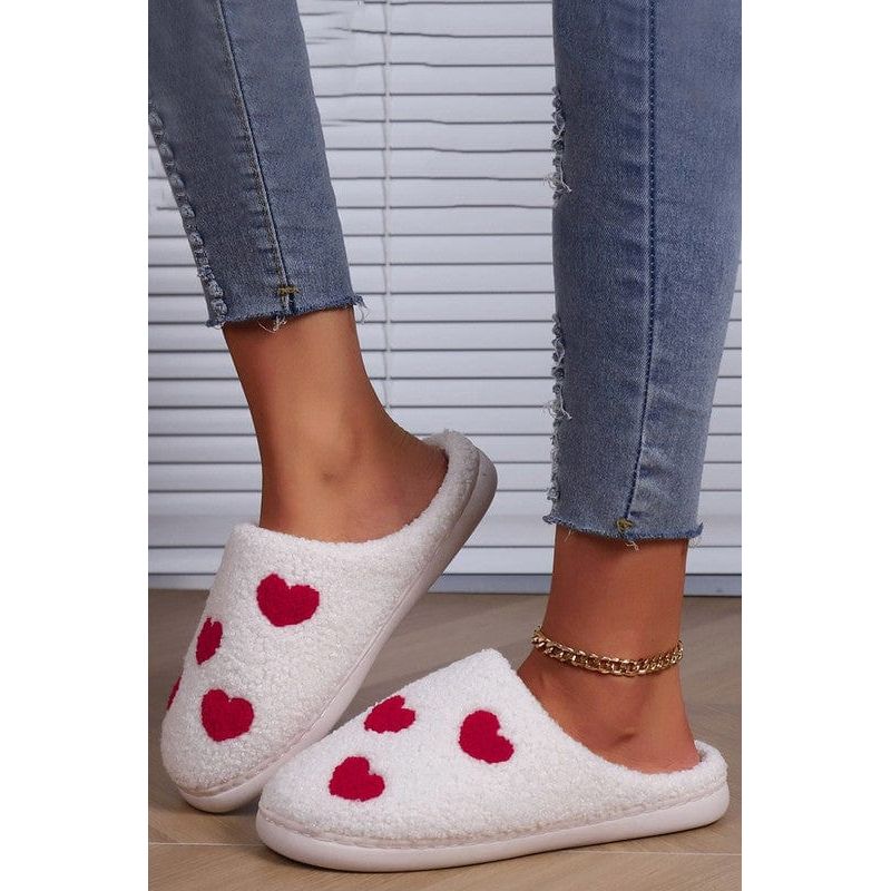 White Valentines Day Hearts Print Plush Slippers